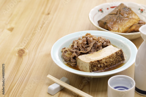 simmered sliced beef and tofu and simmered mackerel with miso sauce, japanese food photo