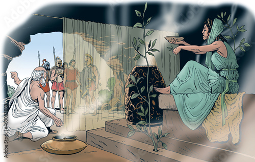Greek warriors await the oracle of the priestess Pythia at Delphi, the most important religious center in Greece