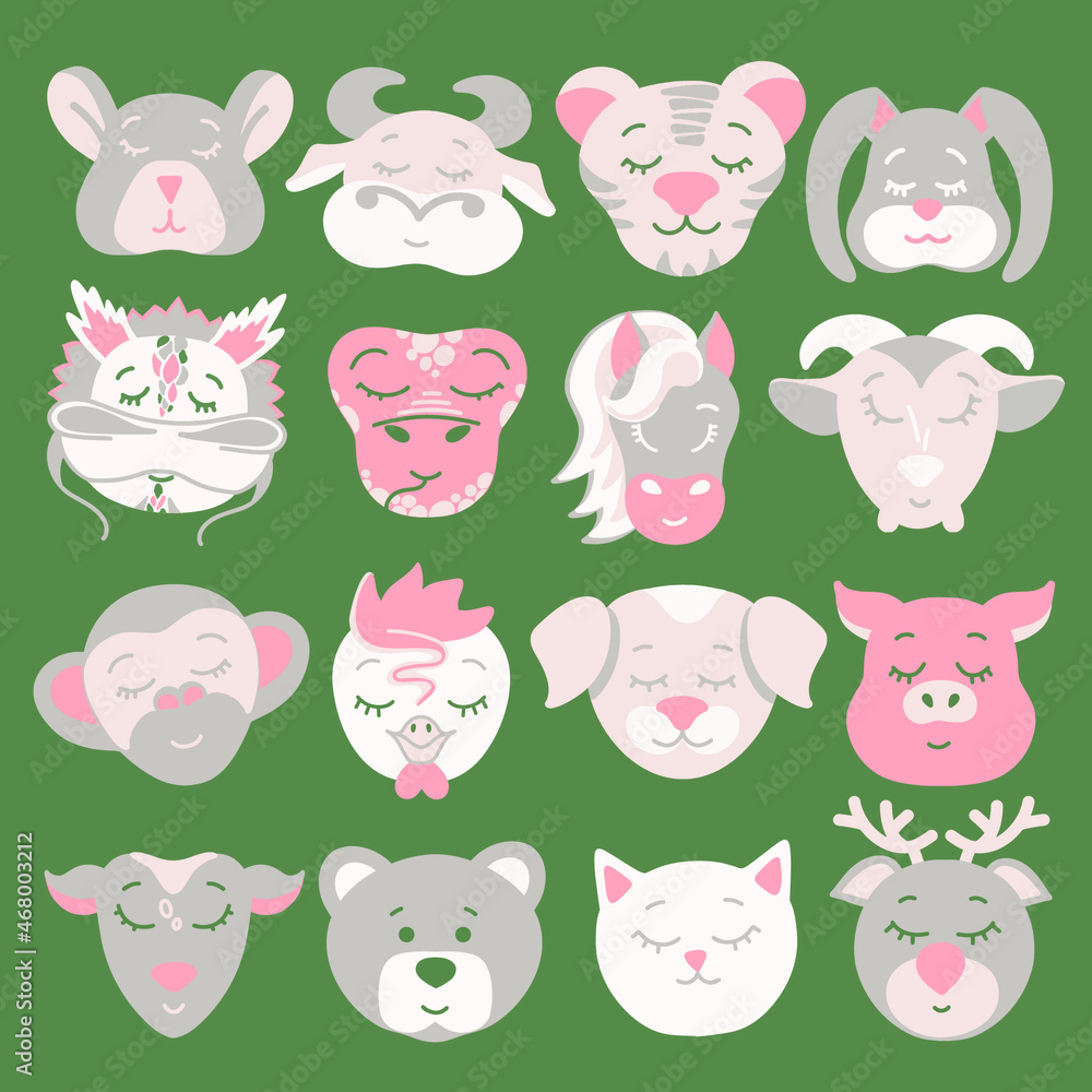 Vector cute animals: rat, bull, tiger, rabbit, dragon, snake, horse, goat, monkey, rooster, dog, boar, bear, cat, deer, elk