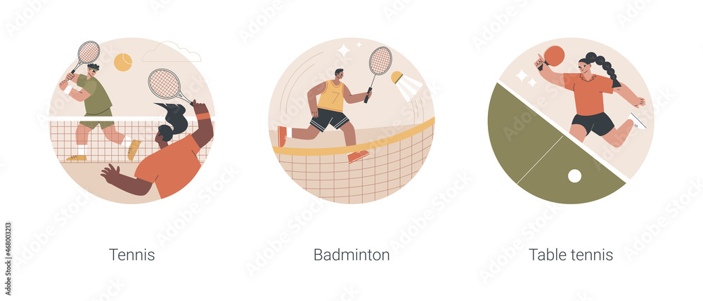 Racket sport abstract concept vector illustration set. Tennis and badminton, table tennis, professional player, club training, ping pong game, professional player, sportswear abstract metaphor.