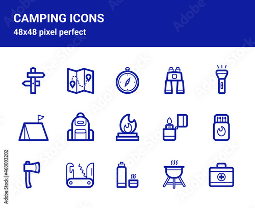 Simple set of related outline icons on white background for web design. Contains such icons as binoculars, flashlight, penknife, camp, flashlight etc. 48x48 pixel perfect. Editable blue stroke.