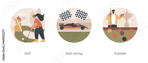 Professional sport abstract concept vector illustration set. Golf, formula 1 and snooker, extreme driving, mini golf championship, country club, pool game, biliard cue stick, race abstract metaphor.