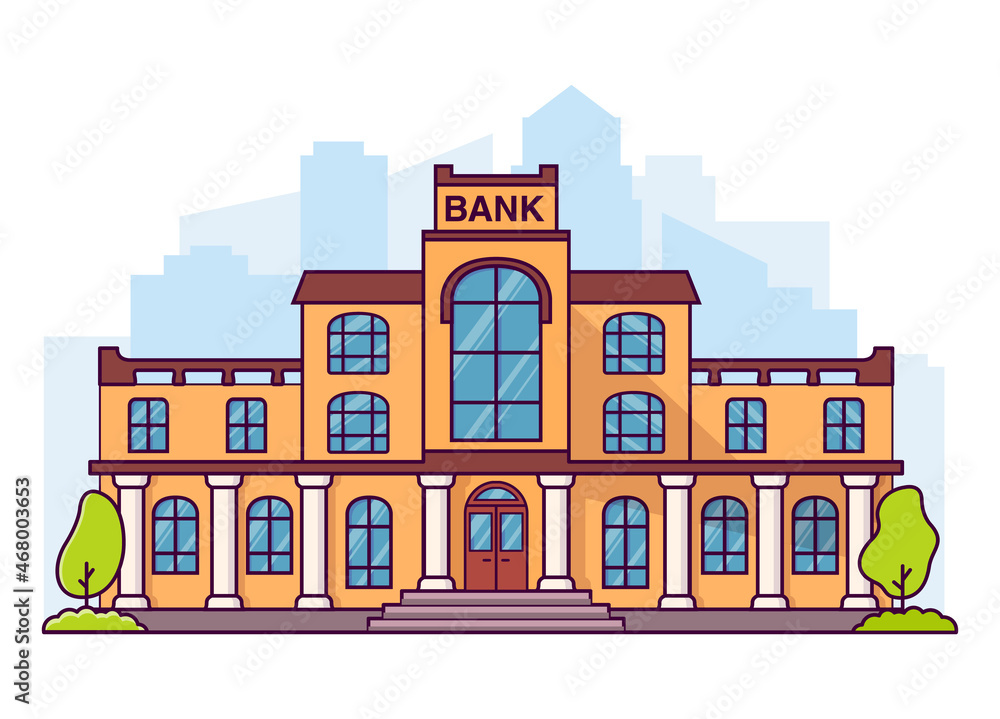Bank building line art. Flat cartoon style vector illustration.Financial house.Isolated on white background.