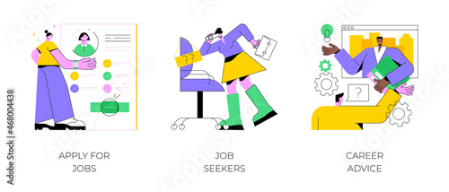 HR service abstract concept vector illustration set. Apply for job, job seekers, career advice, hiring, start career, search for work, employee profile, corporate website, menu bar abstract metaphor.