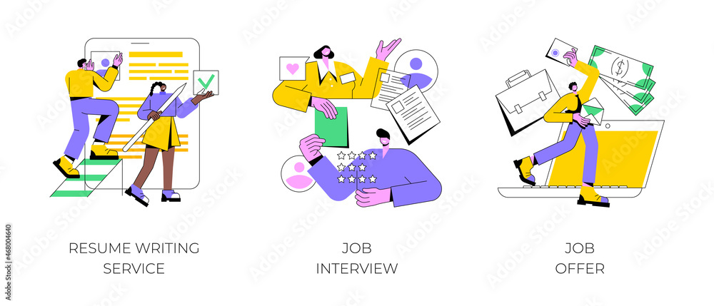 Employment process abstract concept vector illustration set. Resume writing service, job interview, job offer, CV online, cover letter, candidate profile, recruiter, hiring manager abstract metaphor. Employment process abstract concept vector illustration set. Resume writing service, job interview, job offer, CV online, cover letter, candidate profile, recruiter, hiring manager abstract metaphor.