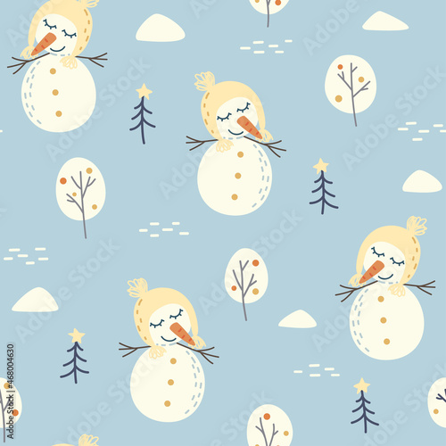 Seamless pattern with cute snowmen, Christmas trees and snowdrifts on a blue background. Christmas and New Year design.