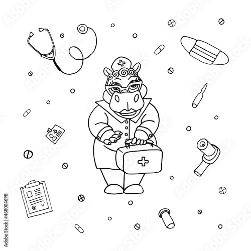 Coloring book for kids Doctor hippo. Coloring Page Outline Of cartoon doctor with a syringe. A cute hippo nurse character vector illustration.