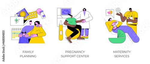 Pregnancy and birth support abstract concept vector illustration set. Family planning, pregnancy support center, maternity services, women healthcare, perinatal care, contraception abstract metaphor.