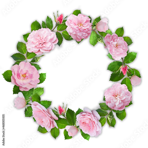 Round floral wreath with roses and leaves