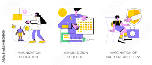 Public health program abstract concept vector illustration set. Immunization education and schedule, vaccination of teens, children vaccination calendar, infectious disease abstract metaphor.