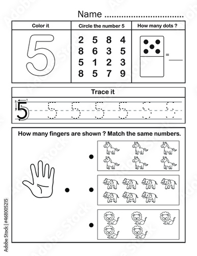 Black and white printable number worksheet handout for kindergarten design to teach student practice writing tracing counting activity and learning. Number 5.