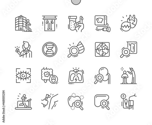 Health Checkup. Body scan, blood test, ultrasound and cardiogram. Weight correction. Mental health. Pixel Perfect Vector Thin Line Icons. Simple Minimal Pictogram