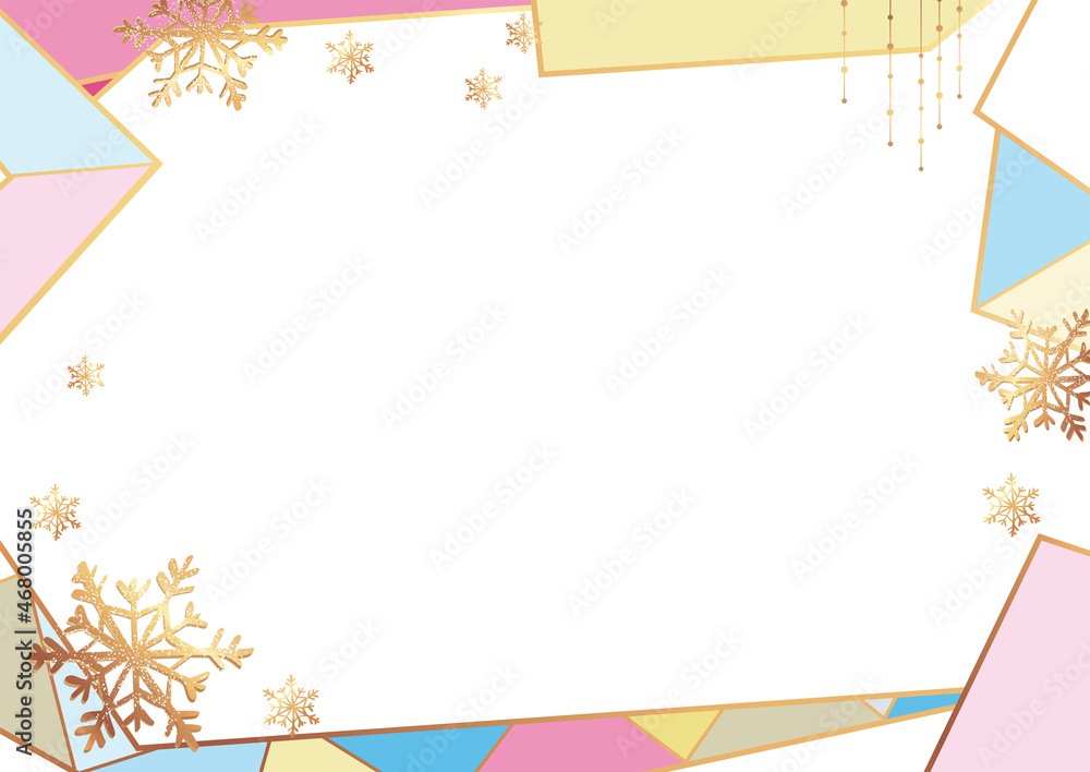 Obraz premium Christmas Poster on white. Vector illustration of Christmas frame with golden snowflakes and multicolored geometric ornament