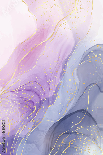 Violet liquid watercolor background with golden stains. Purple mauve marble alcohol ink drawing effect. Vector illustration design template for wedding invitation, menu, rsvp, poster