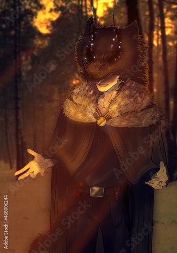 Dekoracja na wymiar  an-anime-character-in-a-wolf-mask-stands-in-a-dark-forest-black-lights-with-white-sparks-fly-out-of-his-eyes-high-quality-art-picture