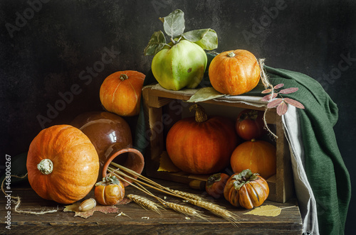 still life with pumpkin, quince and persimmon