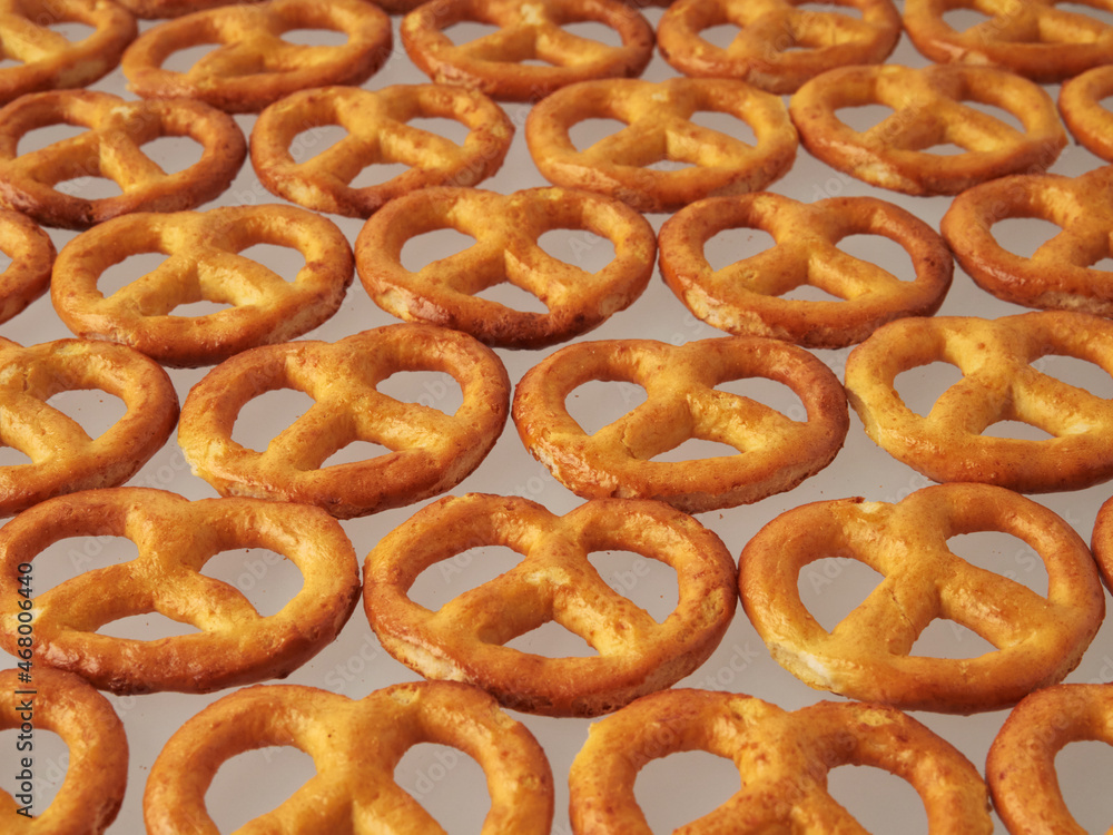 Pretzels isolated on white background. Flat lay. Top view