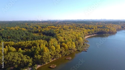 Wallpaper Mural Smooth aerial flight over the shore of a forest lake Torontodigital.ca