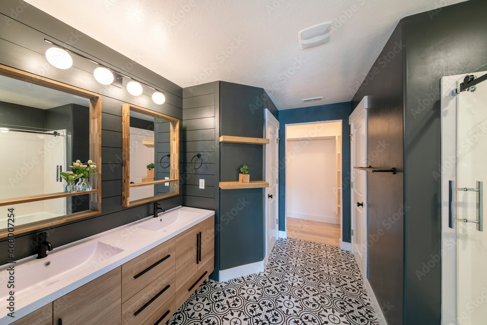 Contemporary craftsman master bathroom design with dark gray interior ...