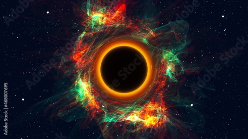 Supernova explosion with 3d render sucking matter into infinite space. Gravitational apocalypse with futuristic glow. Ecumenical armageddon with bright destruction of solar system.