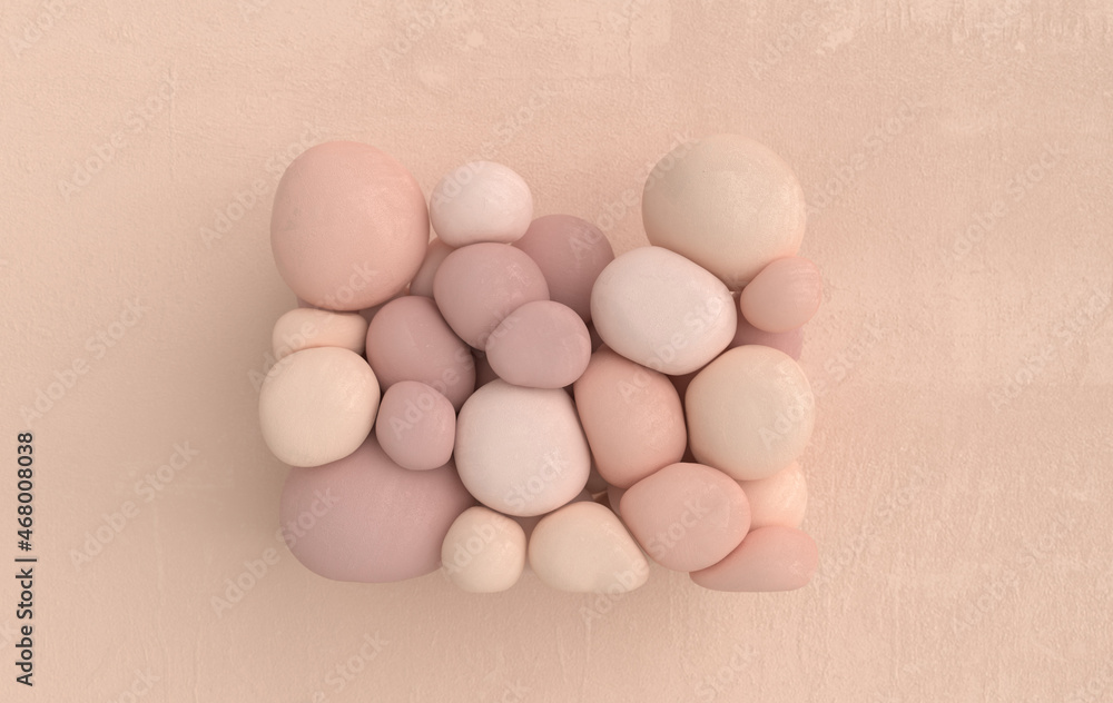 Dynamic abstract pastel colored 3d rendering background with soft spheres. Blush, eye shadow particles