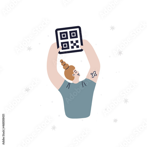 Happy covid vaccinated woman with QR code. Hand with a plaster after vaccination. Vector fully editable isolated illustration on white background.