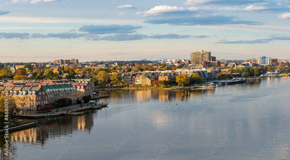 Wide view of the historic city of Alexandria and the waterfront property along the Potomac River in northern Virginia