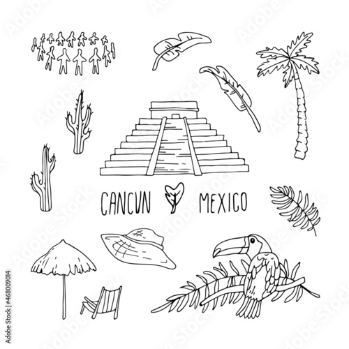 Cancun cartoon doodle illustration. Cancun doodle drawing. Modern style Cancun city illustration. Hand sketched poster, banner, postcard, card template for travel company, T-shirt, shirt. Vector EPS
