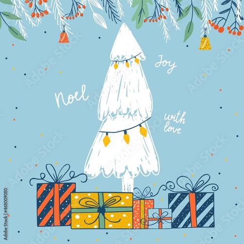 Greeting card of cozy Christmas decorations with text. Postcard with bauble, text, wreath, gifts, floral. Kids illustration. Scrapbook trendy collection