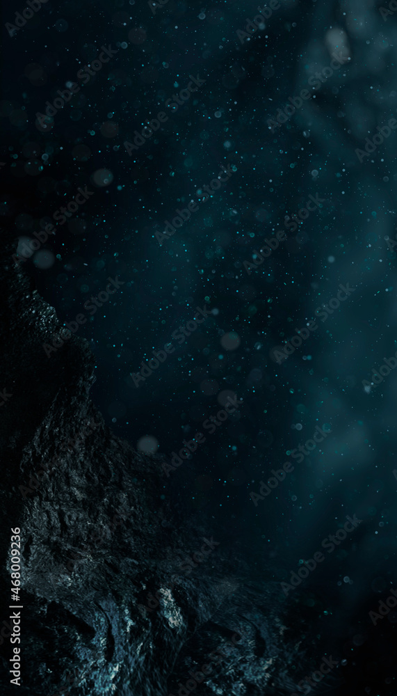 Dark empty natural marine dramatic scene. The depth of the seabed, dark water, gloomy water background. 3D illustration. Dark empty natural marine dramatic scene. The depth of the seabed, dark water, gloomy water background. 3D illustration.