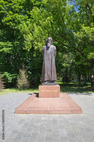 Moscow, Russia - June 3, 2021: Monument to the Indian poet Rabindranath Tagore in Friendship Park