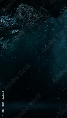 Dark empty natural marine dramatic scene. The depth of the seabed, dark water, gloomy water background. 3D illustration. 