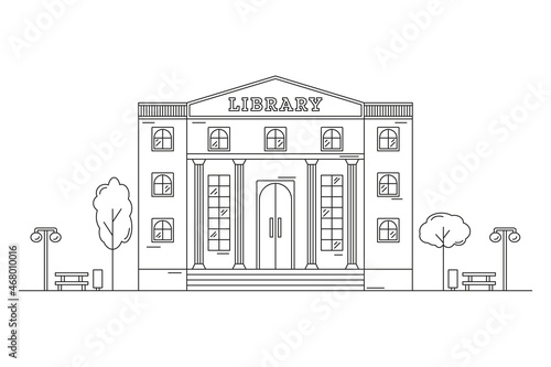 Landscape with a library building drawn with contour lines. Line Art. Editable stroke.