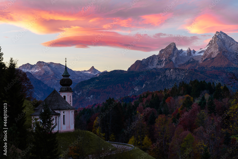 The Maria Gern pilgrimage church in Berchtesgaden in fall at dusk