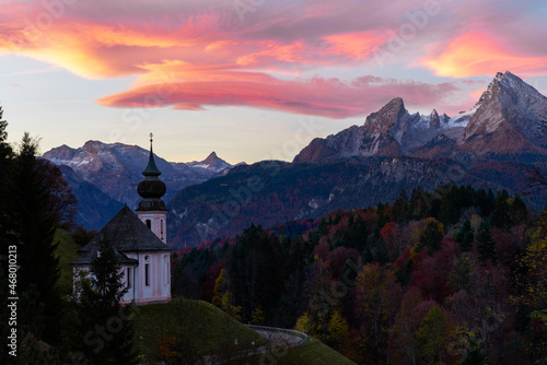 The Maria Gern pilgrimage church in Berchtesgaden in fall at dusk