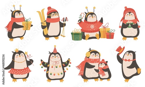 Cute winter penguins. Funny cartoon animals vector set. Christmas illustration. Isolated objects on a white background.