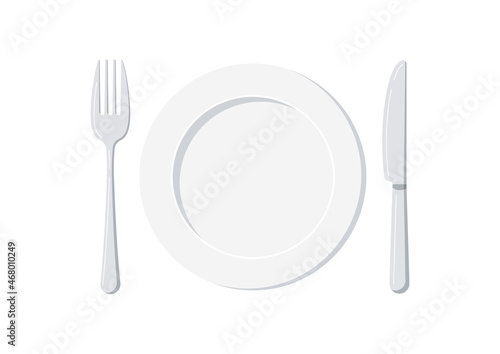 Empty plate with knife and fork set isolated on a white background. Top view silver cutlery and white ceramic serving plate for food design template. Vector flat design cartoon style illustration.