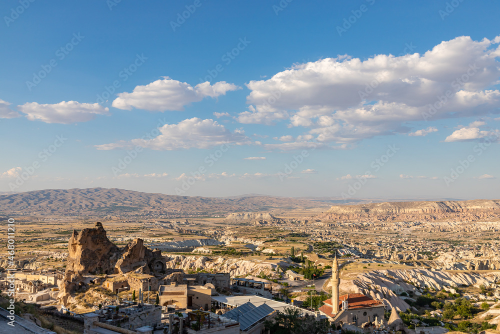 Panoramic view near Uchisar, Cappadocia with magnificent geological natural with blue sky