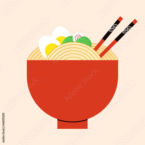 Red bowl with noodles and eggs. Ramen noodles with chopsticks. Vector icon. Traditional Asian food.