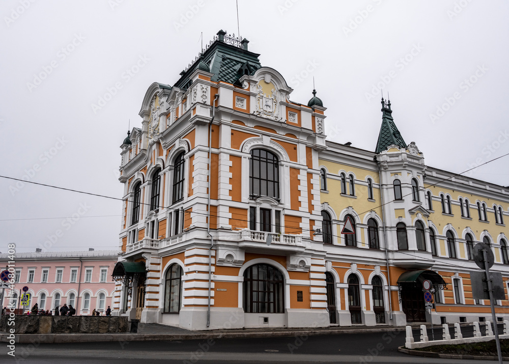 ancient unique Nizhny Novgorod Kremlin made of red stone on a cloudy autumn day