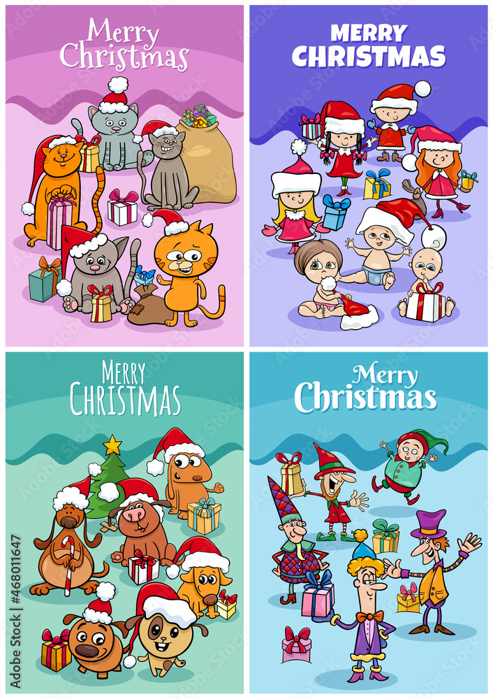 Naklejka premium greeting cards set with cartoon Christmas characters