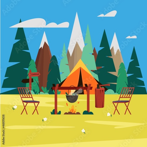 Vector illustration of summer camping. Tent, campfire with cooking pot, mountains and forest background photo