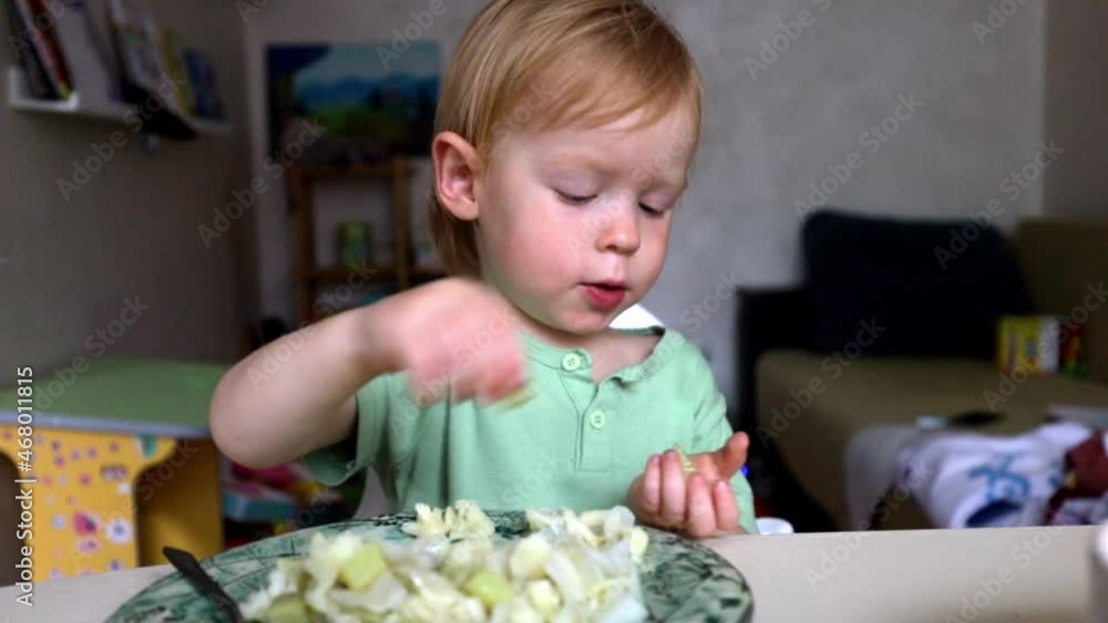 Little boy smiles and eats vegetables from a plate Little boy smiles and eats vegetables from a plate