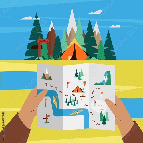 Hands holding trekking and camping map. Flat vector illustration. Landscape with tent, forest, mountains, river