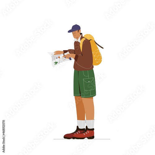 Concept of summer vacation, hiking, tourism, outdoor activities. Vector illustration of young man, hiker and traveller walking with backpack, looking into the map