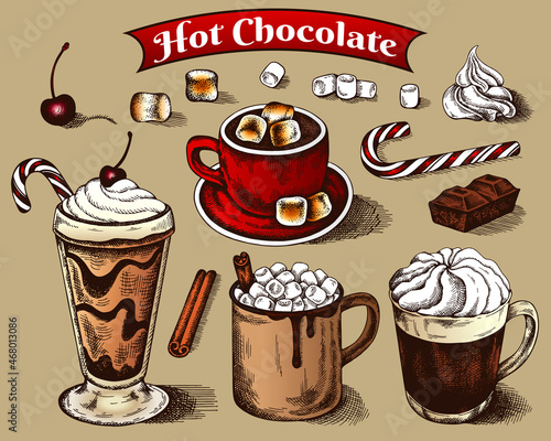 Sketch drawing set of hot chocolate drinks with marshmallow, whipped cream, candy cane, cinnamon. Outline cherry, red cup, hand drawn mug, cocoa. Shadow editable. Christmas drink. Vector illustration.