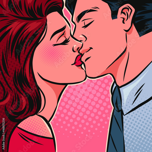 Kissing couple on a pink background. Valentine's day concept. Pop art vector comic illustration.
