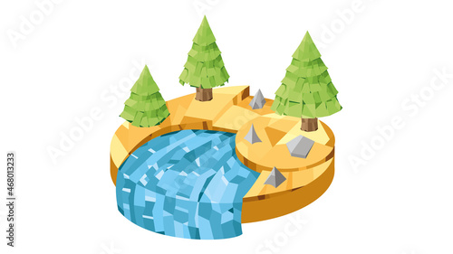Isometric island with tree and bushes. Flying island. Island in low-poly style.