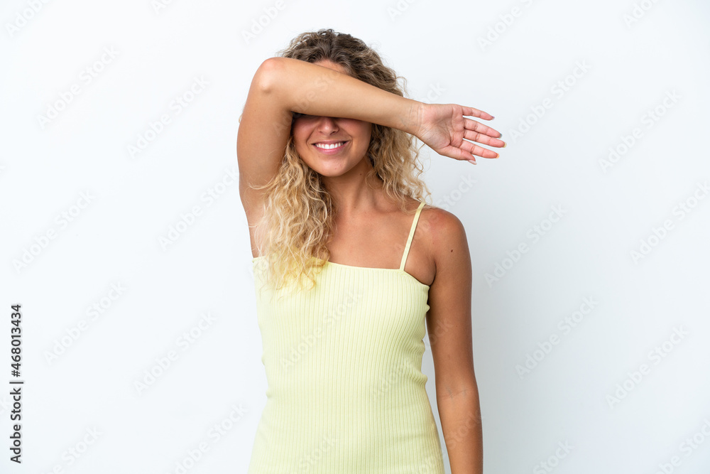 Girl with curly hair isolated on white background covering eyes by hands Girl with curly hair isolated on white background covering eyes by hands