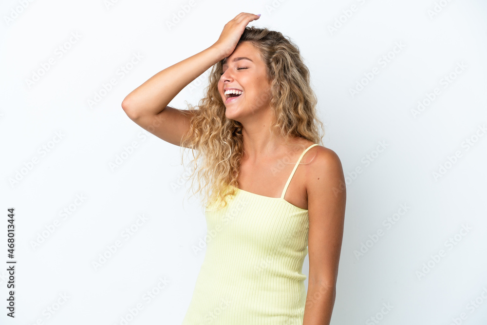 Girl with curly hair isolated on white background has realized something and intending the solution Girl with curly hair isolated on white background has realized something and intending the solution